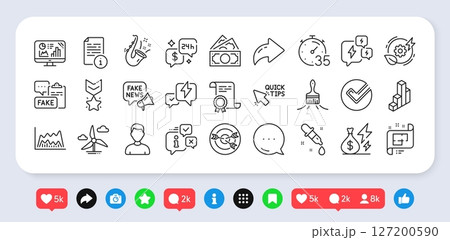 Certificate, Fake news and Money line icons pack. Social media: share, comment, like icons. Winner medal, Analytics graph, Manual web icon. Lightning bolt, Jazz, Architectural plan pictogram. Vector 127200590