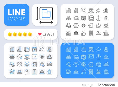 Square meter, Lighthouse and Market sale line icons for web app. Message, Share, Like social media icons. Pack of Inspect, Buildings, Loan house pictogram icons. Vector 127200596