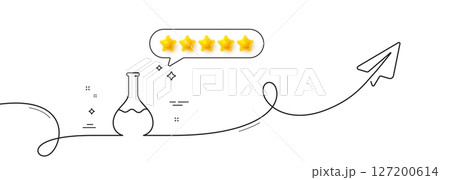 Chemistry lab line icon. Continuous line with share plane. Laboratory flask sign. Analysis symbol. Five star rate review in speech bubble. Chemistry lab single line ribbon. Loop curve pattern. Vector 127200614
