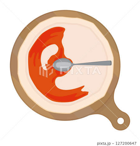 まな板の上でピザ生地にソースを塗るイラスト 127200647