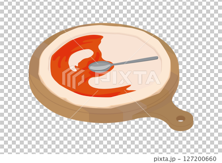 Illustration of spreading sauce on pizza dough on a cutting board Illustration of spreading sauce on pizza dough on a cutting board 127200660
