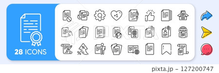Documents line icons. Interest rate, AI generate, Inflation icons. Copy files, Contract agreement, Passport. CV interview, documents workflow, attachment clip icons. Vector Documents line icons. Interest rate, AI generate, Inflation icons. Copy files, Contract agreement, Passport. CV interview, documents workflow, attachment clip icons. Vector 127200747