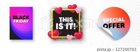 This is it photo frame 3d hearts. Special offer sticker banner. This is it tag. Special offer sign. Super promotion symbol. Black friday poster. Promo background. Vector This is it photo frame 3d hearts. Special offer sticker banner. This is it tag. Special offer sign. Super promotion symbol. Black friday poster. Promo background. Vector 127200783