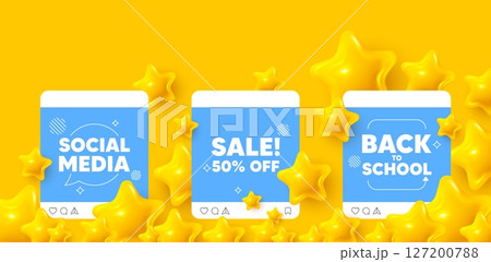 Sale social media post. Back to school template. Sale 50 percent off discount. Promotion price offer sign. Retail badge symbol. Like, comment and share icons. Vector Sale social media post. Back to school template. Sale 50 percent off discount. Promotion price offer sign. Retail badge symbol. Like, comment and share icons. Vector 127200788