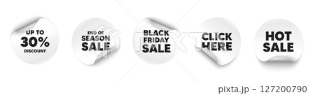 Discount tag sticker tag. Season sale, Black friday paper price banners. Up to 30 percent discount. Sale offer price sign. Special offer symbol. Save 30 percentages. Click here sticker. Vector Discount tag sticker tag. Season sale, Black friday paper price banners. Up to 30 percent discount. Sale offer price sign. Special offer symbol. Save 30 percentages. Click here sticker. Vector 127200790