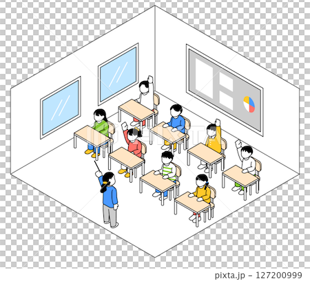 教室裡上課的人的等距插圖 向量圖形 127200999