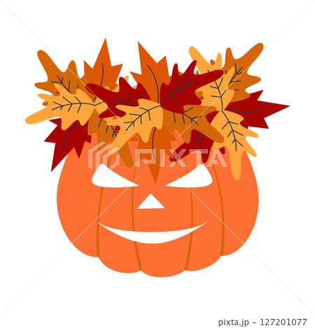 Hand drawn Halloween Pumpkin in Autumn leaves Wreath Autumn Holidays Festive Cute Character idea Hand drawn Halloween Pumpkin in Autumn leaves Wreath Autumn Holidays Festive Cute Character idea 127201077