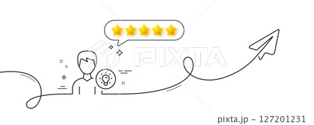 User line icon. Continuous line with share plane. Profile with Lamp bulb sign. Male Person silhouette with idea symbol. Five star rate review in speech bubble. Person idea single line ribbon. Vector User line icon. Continuous line with share plane. Profile with Lamp bulb sign. Male Person silhouette with idea symbol. Five star rate review in speech bubble. Person idea single line ribbon. Vector 127201231