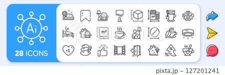 Sleep, Pillow and Floor lamp line icons. Interest rate, AI generate, Inflation icons. Pack of Furniture moving, Open door, Table lamp icon. Vector 127201241