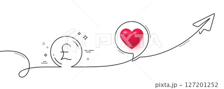 Pound money line icon. Continuous line with share plane. Gbp currency sign. Cash coin symbol. 3d heart in speech bubble. Pound money single line ribbon. Loop curve pattern. Vector 127201252