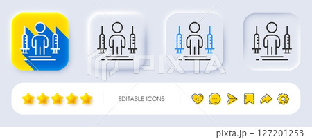 Coronavirus two injections line icon. Neumorphic, Flat shadow, 3d buttons. Corona vaccine syringe sign. Covid jab symbol. Line coronavirus injections icon. Social media icons. Vector 127201253