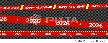 2026 New Year Tape Banner, Red Warning Lines, Diagonal Crossing Stripes for Celebrate Promo, Party Banners, Packaging and Decor. Isolated vector illustration 2026 New Year Tape Banner, Red Warning Lines, Diagonal Crossing Stripes for Celebrate Promo, Party Banners, Packaging and Decor. Isolated vector illustration 127201274