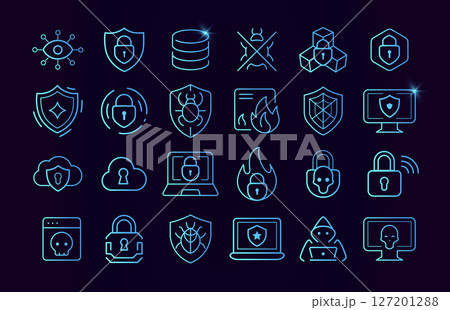 Cyber security blue icon set. Safety digital system computer network. Data attack protect symbols, firewall signs. Line lock and shield. Safe privacy information logo. Vector illustration Cyber security blue icon set. Safety digital system computer network. Data attack protect symbols, firewall signs. Line lock and shield. Safe privacy information logo. Vector illustration 127201288