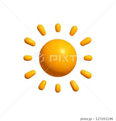 Glossy 3D Sun Icon with Rounded Rays on White Background. Perfect for Summer, Weather Apps, or Bright UI Elements. Vector Illustration. 127201296