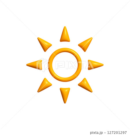 Bright Sunny 3D Sun Icon with Bold Ring and Cone Rays, Isolated on White. Happy Childish Logo for Vacation, Solar Power, or Tropical Climate Concepts. Vector Illustration. 127201297