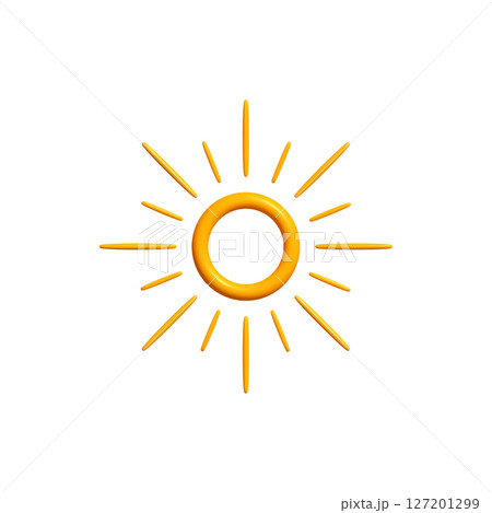 Bright Sunny 3D Sun Icon with Ring Center and Radiant Rays, Isolated on White. Happy Childish Logo for Vacation, Warm Climate, or Solar Panel Concepts. Vector Illustration. 127201299