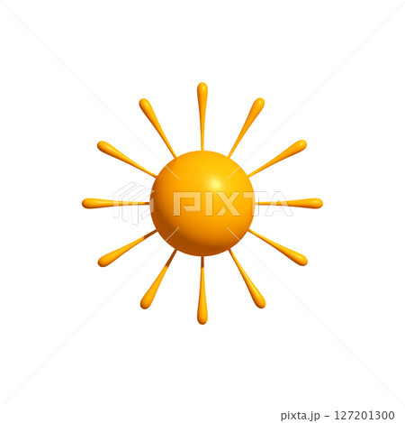 Bright Sunny 3D Sun Icon with Long Droplet Rays, Isolated on White. Happy Childish Logo for Vacation, Summer Fun, or Renewable Solar Energy Projects. Vector Illustration. 127201300