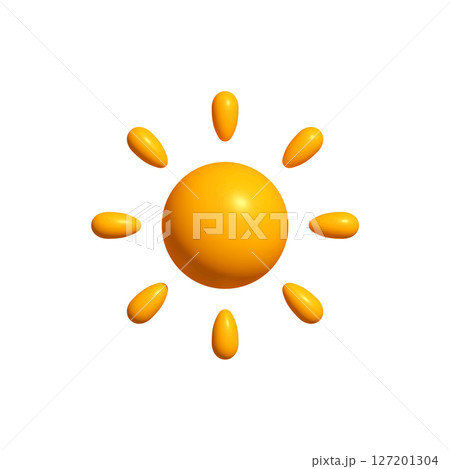 Glossy 3D Sun Icon with Smooth Orange Rays on White Background. Ideal for Summer Themes, Weather Interfaces, and Bright Graphic Design Projects. Vector Illustration. 127201304