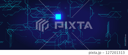 Technology Chip Circuit With Glowing Processor. Bright microchip element on futuristic digital background. Ideal for themes of AI, innovation, computing. Vector illustration 127201313