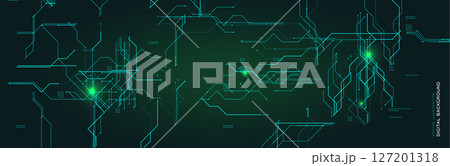 Futuristic digital background with glowing lines and circuit elements. Ideal for technology, data, and cybersecurity themes. Hightech style with green light abstract design. Vector illustration 127201318