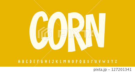 Summer Corn Grain, joyful lettering, cartoon funny typography. Childish font for friendly logo headline of culinary recipe book, sweets, ice cream title. Food typographic design. Vector typeset. 127201341