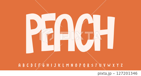 Summer Peach drupe, joyful lettering, cartoon funny typography. Childish font for friendly logo headline of culinary recipe book, sweets, ice cream title. Food typographic design. Vector typeset. 127201346