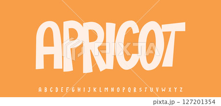 Summer Apricot drupe, joyful lettering, cartoon funny typography. Childish font for friendly logo headline of culinary recipe book, sweets, ice cream title. Food typographic design. Vector typeset. Summer Apricot drupe, joyful lettering, cartoon funny typography. Childish font for friendly logo headline of culinary recipe book, sweets, ice cream title. Food typographic design. Vector typeset. 127201354
