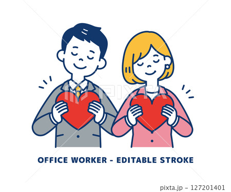 胸にハートを抱える、ビジネスマンのベクターイラスト素材_男女セット 胸にハートを抱える、ビジネスマンのベクターイラスト素材_男女セット 127201401