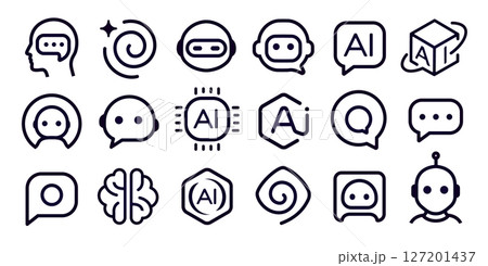 AI Chatbot icons set, smart assistant, linear Brain, Minimal Chip sign, Speech stylised emblem. Robot head logo. Tech symbols in outline style for UI, apps, software. Vector illustration 127201437