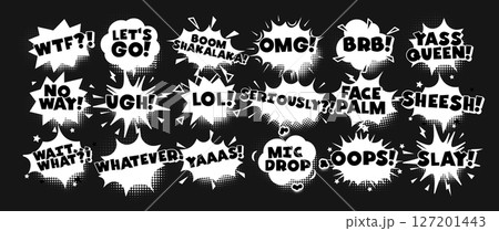 Comic meme pop speech bubbles in black and white. Funny viral exclamations and retro slang text for social media, jokes, fashion, poster or sticker use. Vector illustration. 127201443