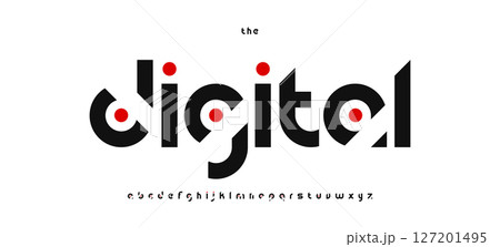 Digital modern cutout alphabet, abstract tech font, futuristic dot typeface for creative branding logo, techno space interface headline, app typography, geometric typographic design. Vector typeset 127201495