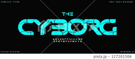 Cyberpunk glitch alphabet, cracked robotic font, bold futuristic typeface for tech branding, digital robotic headline style, AI sci-fi typography, dystopian typographic design. Vector typeset. 127201506
