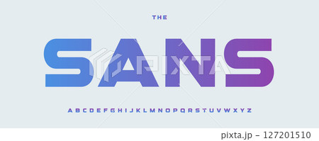 Modern bold sans serif alphabet, sleek gradient font, wide typeface for medical, tech, fintech, science logo and headline, digital UI typography, startup display typographic design. Vector typeset. 127201510