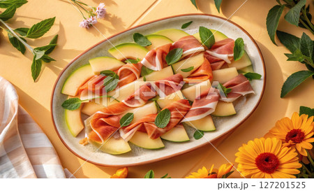 Sliced melon and prosciutto with mint leaves on ceramic plate, summer vibes. 127201525