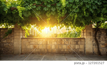 Sunlight shining through vineyard leaves over rustic stone wall at golden hour. 127201527
