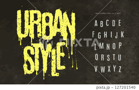 Graffiti brush alphabet, dripping ink letters, textured urban font for rebellious branding, bold headline style, freestyle street typography, hiphop graphic design and logo. Vector typeset 127201540