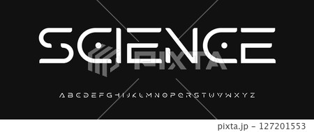 Futuristic cyber logo alphabet, AI science typographic design, geometric techno font with digital smart feel for circuit branding, secure UI headline, modern tech identity. Vector typeset. 127201553
