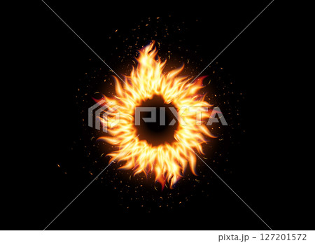 Sun flare ring with dynamic fiery rays, glowing in cosmic burst. Ideal for astronomy themes, solar activity, global warming visuals, game magic, or Asian New Year celebration. Vector illustration. 127201572