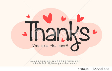 Thanksmessage with heart doodles for subscribers and followers. Cute fun handwritten font for greeting card, love poster, logo, headline and romantic design. Font alphabet logo. Vector illustration Thanksmessage with heart doodles for subscribers and followers. Cute fun handwritten font for greeting card, love poster, logo, headline and romantic design. Font alphabet logo. Vector illustration 127201588