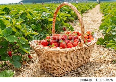 Strawberries fill a basket placed amidst lush green plants in a strawberry farm. The vivid red berries contrast beautifully with the greenery, capturing the essence of a fruitful harvest. Strawberries fill a basket placed amidst lush green plants in a strawberry farm. The vivid red berries contrast beautifully with the greenery, capturing the essence of a fruitful harvest. 127201620