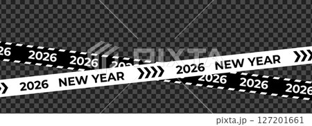 Black and white New Year 2026 tape with arrows, diagonal ribbon for holiday party decoration, modern web and print. Vector illustration. 127201661