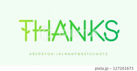 Green eco style thanks lettering with sprouting leaves. Organic nature font for eco packaging, gardening labels, sustainability blogs, Earth Day campaigns. Vector illustration Green eco style thanks lettering with sprouting leaves. Organic nature font for eco packaging, gardening labels, sustainability blogs, Earth Day campaigns. Vector illustration 127201673