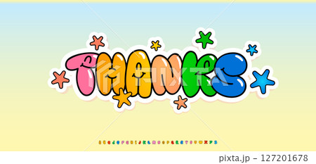 Happy cartoon bubble letters, word thanks. Colorful inflated text with smiling faces and stars. Great for kids birthday cards, fun party invites, school posters, stickers. Vector illustration. 127201678