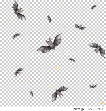 Seamless pattern for Halloween with cute black bat and stars. Hand drawn watercolor illustration. Friendly and charming bat with big eyes, perfect for kids' decorations, children's designs. 127201964