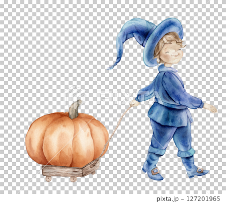 Whimsical wizard in a blue suit and hat with a wooden cart with Pumpkin, perfect for Halloween. Hand drawn fantasy illustration of a magical character, charming and enchanting. 127201965