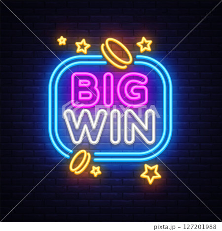 Big Win neon sign glowing on dark background with coins and stars, retro casino typography in pink and white letters surrounded by blue frame. Vector illustration 127201988