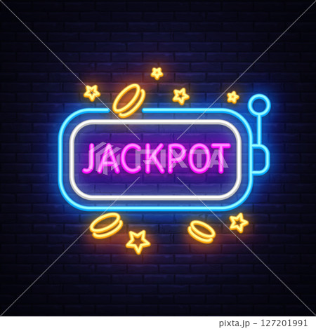 Neon jackpot sign with glowing coins and stars on black wall. Eye-catching layout for casino themes, posters or promotions. 127201991