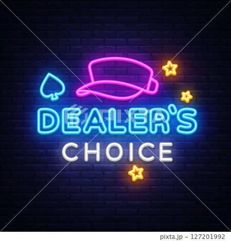 Neon dealer's choice sign with poker hat, spade icon, and glowing stars. Bright composition for gaming, tournaments, or casino ads. 127201992