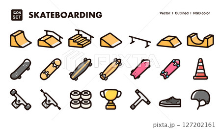 スケートボードのイラストアイコンセット スケートパークやスケボーグッズのベクターイラスト素材 スケートボードのイラストアイコンセット スケートパークやスケボーグッズのベクターイラスト素材 127202161