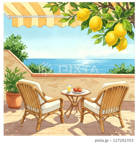 watercolor painting of balcony view in Mediterrania. Table, chairs, a glass of juice, a plate with fruits, flowerpot.Landmark painting with blue sea, buildings, house, lemon tree, terrace with ocean 127202353